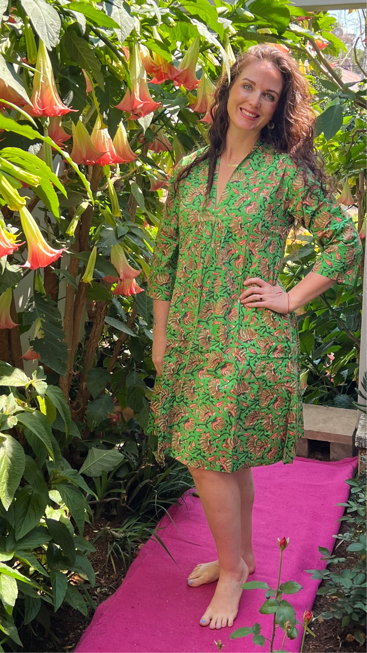 Short Rori Rose Dress - Bright Green with Orange Fire Lily