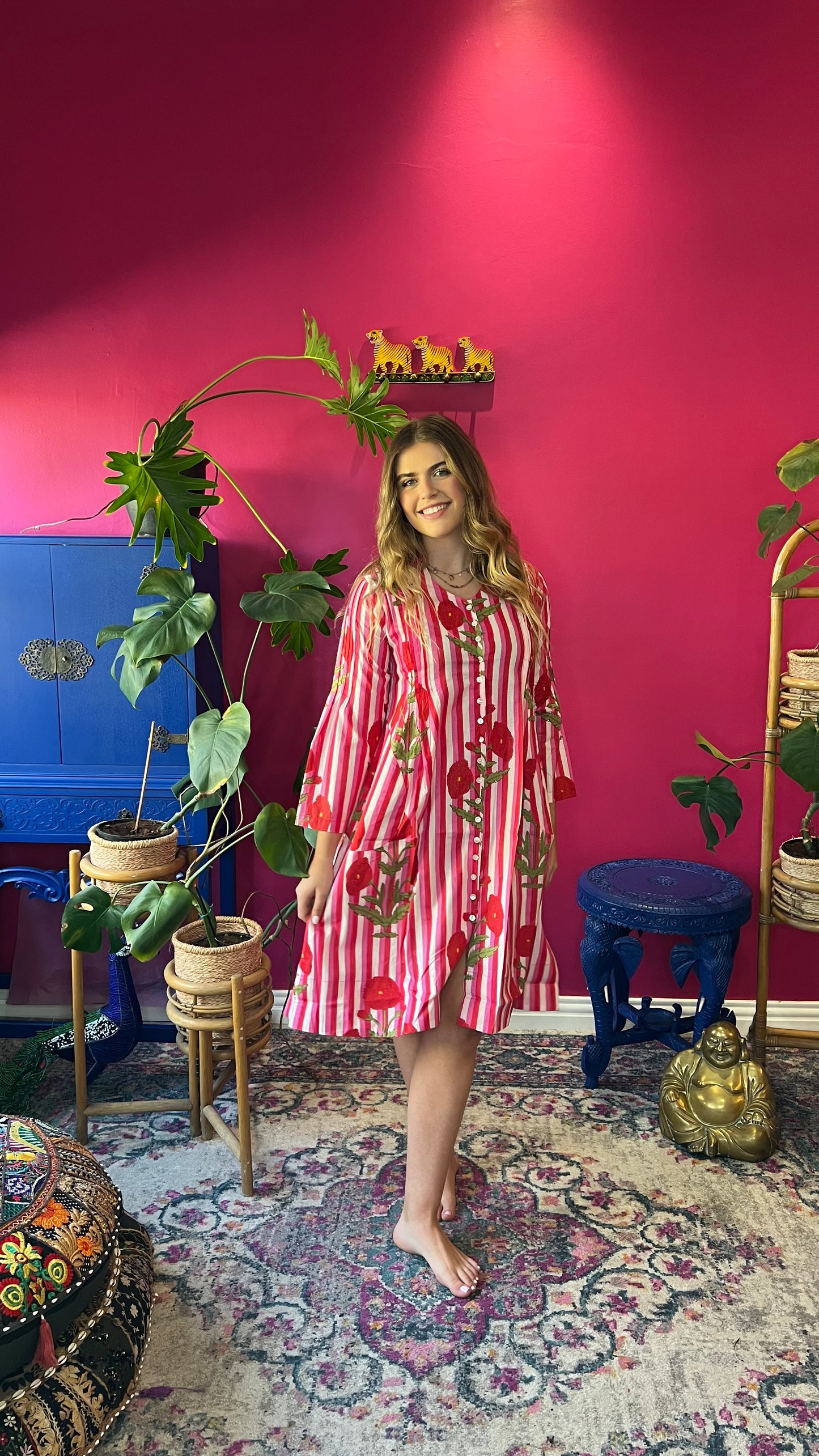 Gypsey Dress - Red and Pink Candy Stripe Blooms