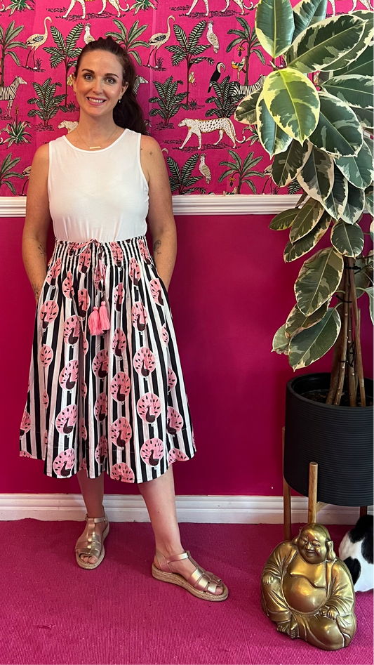 Short Sophie Skirt - Black and White Stripe with Pink Peacock