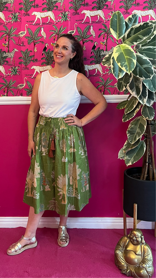 Short Sophie Skirt - Olive Green Tropical Palm