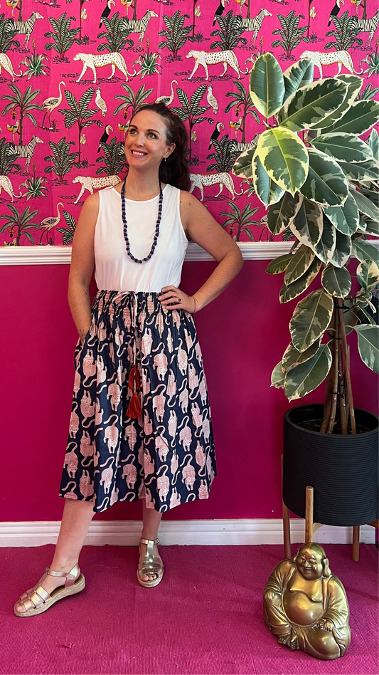 Short Sophie Skirt - Navy with Red Chevron Tiger Cat